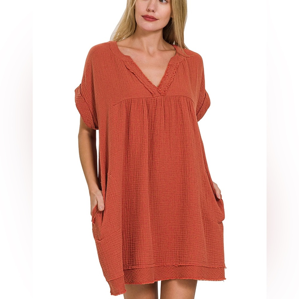 Entro Coral Cotton Gauze Distressed Short Sleeve Mini Dress Coverup Medium